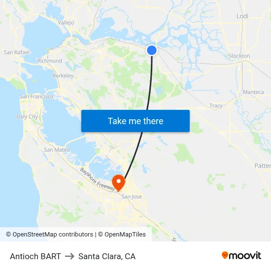 Antioch BART to Santa Clara, CA map