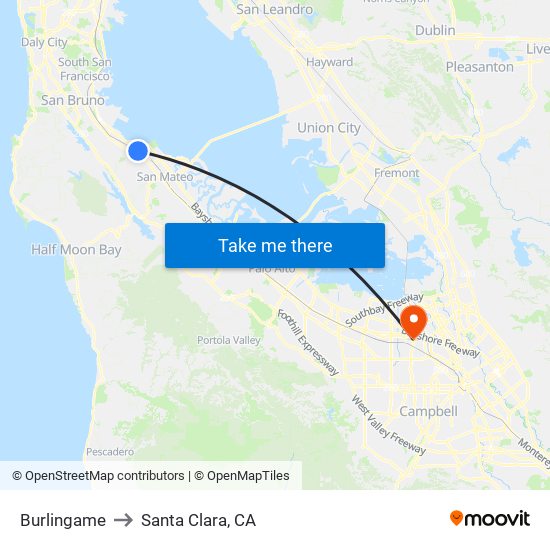 Burlingame to Santa Clara, CA map