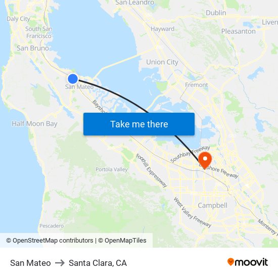 San Mateo to Santa Clara, CA map