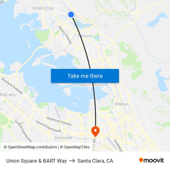 Union Square & BART Way to Santa Clara, CA map