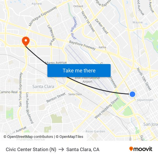 Civic Center Station (N) to Santa Clara, CA map