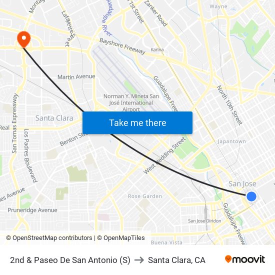 2nd & Paseo De San Antonio (S) to Santa Clara, CA map