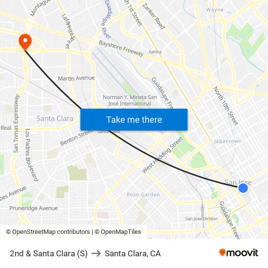 2nd & Santa Clara (S) to Santa Clara, CA map