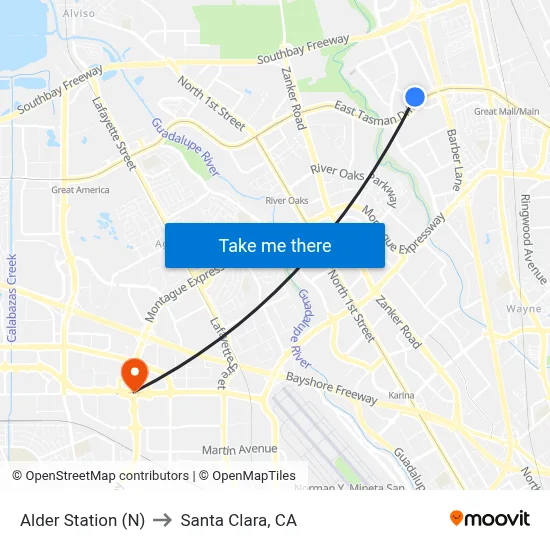 Alder Station (N) to Santa Clara, CA map