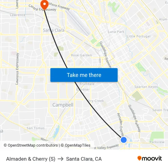Almaden & Cherry (S) to Santa Clara, CA map