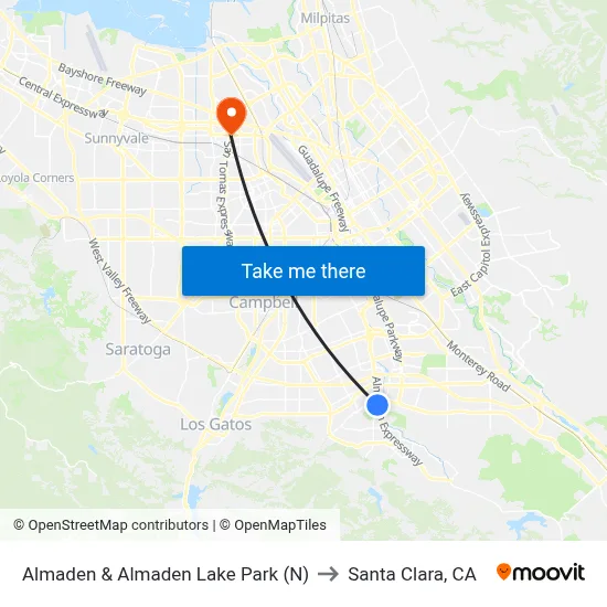 Almaden & Almaden Lake Park (N) to Santa Clara, CA map