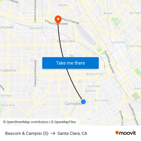 Bascom & Campisi (S) to Santa Clara, CA map