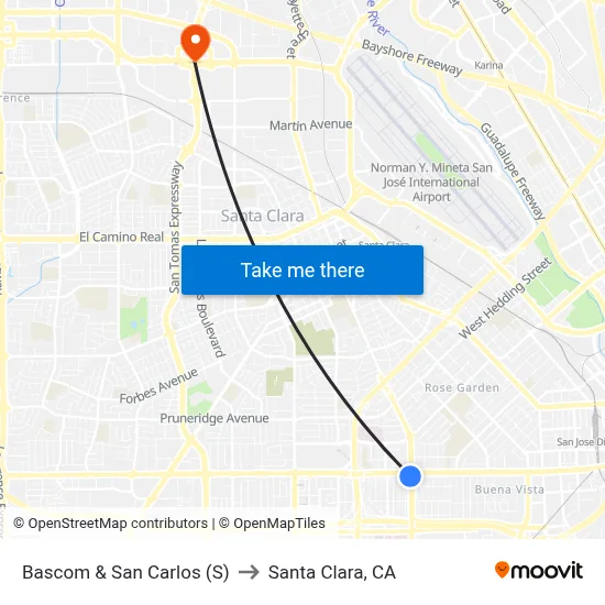 Bascom & San Carlos (S) to Santa Clara, CA map