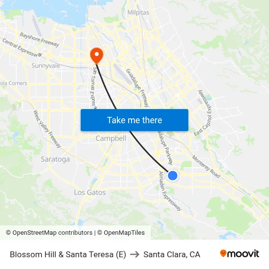 Blossom Hill & Santa Teresa (E) to Santa Clara, CA map