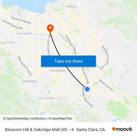 Blossom Hill & Oakridge Mall (W) to Santa Clara, CA map