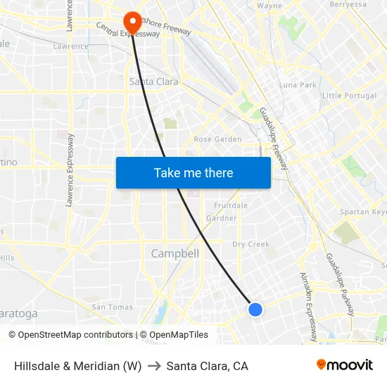 Hillsdale & Meridian (W) to Santa Clara, CA map