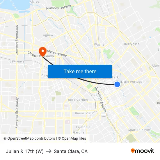 Julian & 17th (W) to Santa Clara, CA map