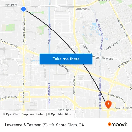 Lawrence & Tasman (S) to Santa Clara, CA map