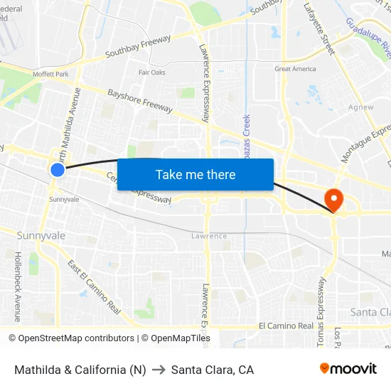 Mathilda & California (N) to Santa Clara, CA map
