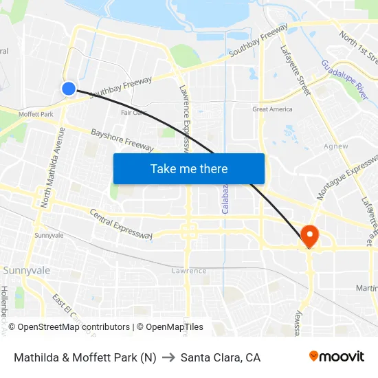 Mathilda & Moffett Park (N) to Santa Clara, CA map
