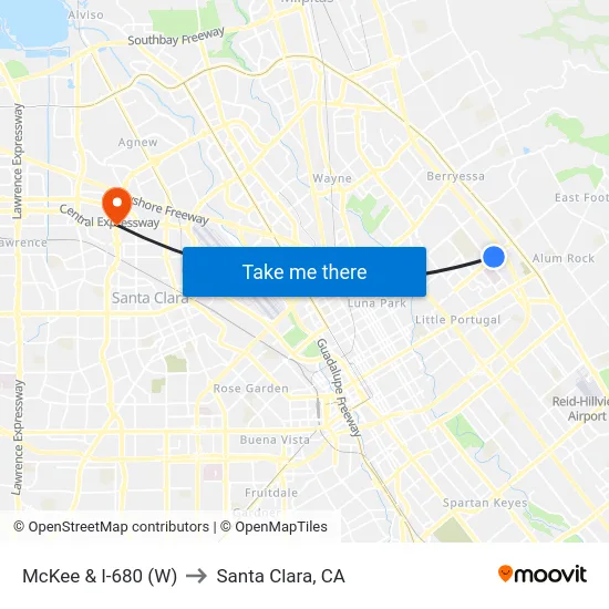McKee & I-680 (W) to Santa Clara, CA map