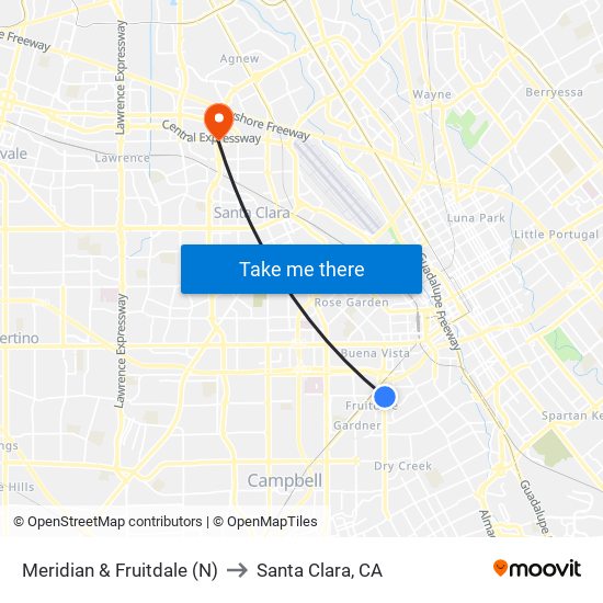 Meridian & Fruitdale (N) to Santa Clara, CA map