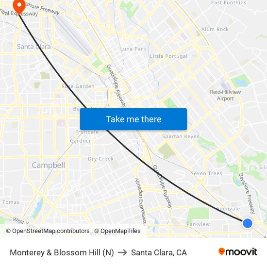 Monterey & Blossom Hill (N) to Santa Clara, CA map