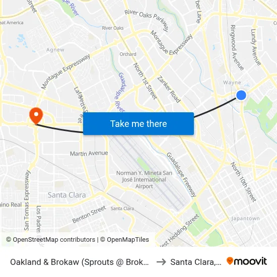 Oakland & Brokaw (Sprouts @ Brokaw) (S) to Santa Clara, CA map