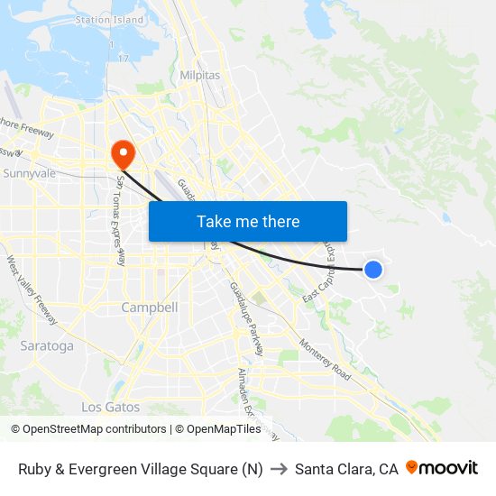 Ruby & Evergreen Village Square (N) to Santa Clara, CA map