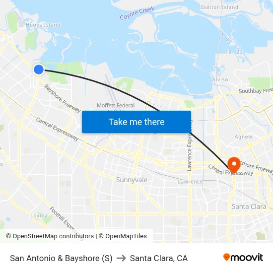 San Antonio & Bayshore (S) to Santa Clara, CA map