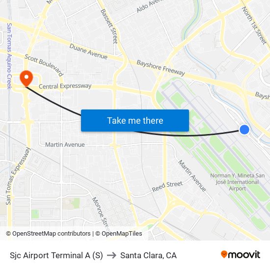 Sjc Airport Terminal A (S) to Santa Clara, CA map