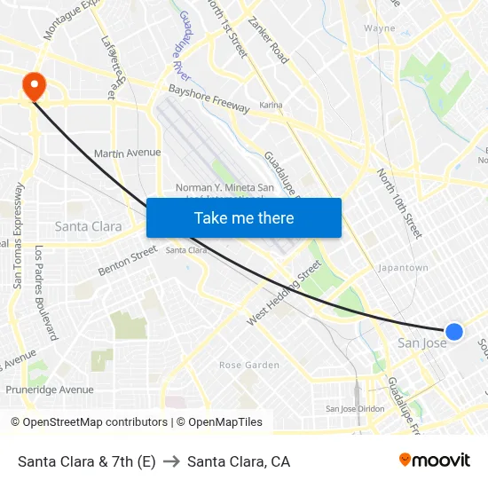 Santa Clara & 7th (E) to Santa Clara, CA map