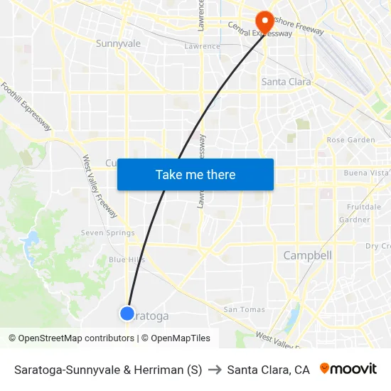 Saratoga-Sunnyvale & Herriman (S) to Santa Clara, CA map