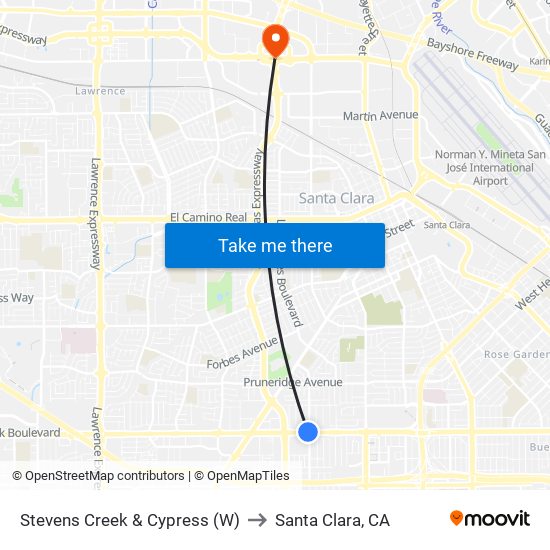 Stevens Creek & Cypress (W) to Santa Clara, CA map