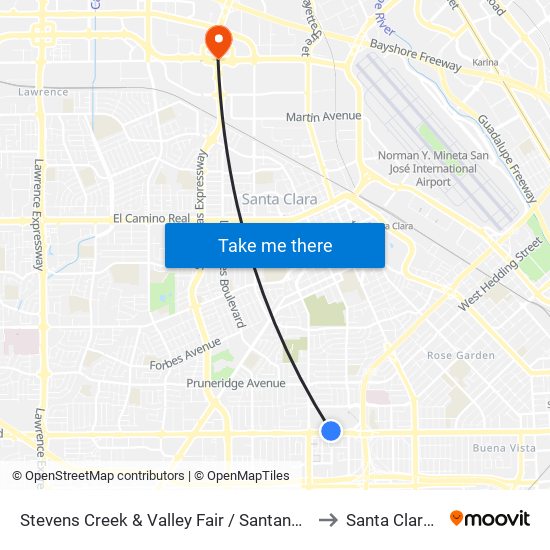 Stevens Creek & Valley Fair / Santana Row (W) to Santa Clara, CA map