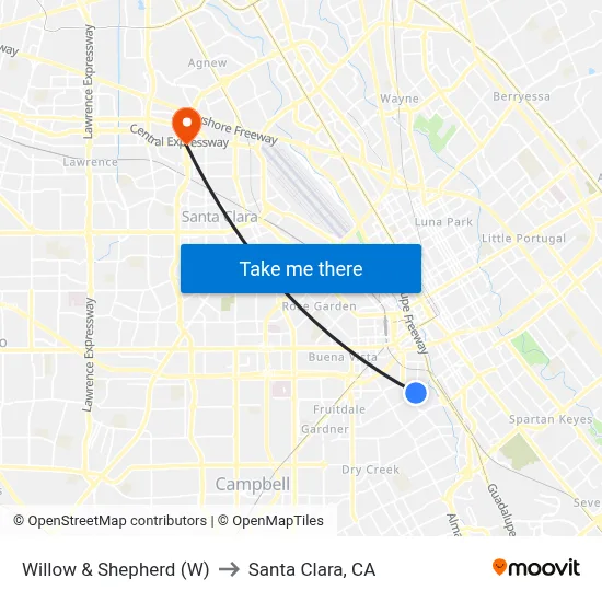 Willow & Shepherd (W) to Santa Clara, CA map
