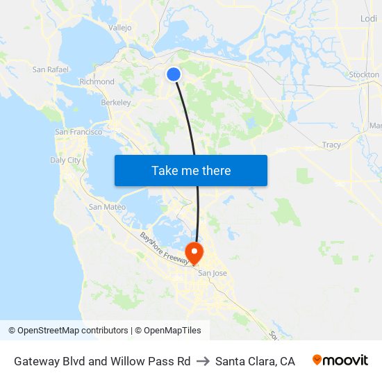 Gateway Blvd and Willow Pass Rd to Santa Clara, CA map