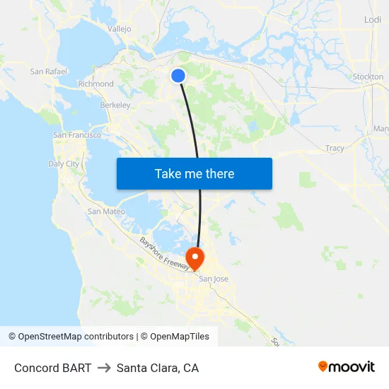 Concord BART to Santa Clara, CA map