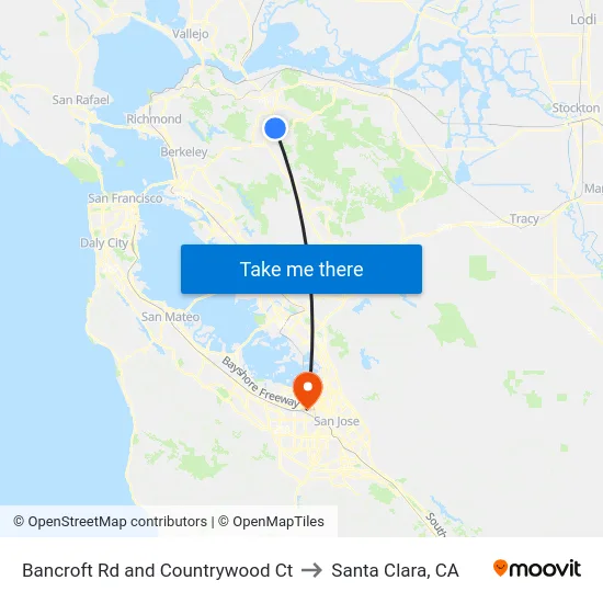 Bancroft Rd and Countrywood Ct to Santa Clara, CA map
