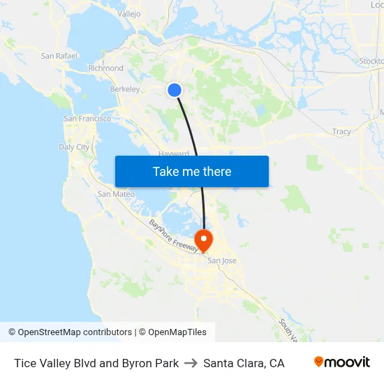 Tice Valley Blvd and Byron Park to Santa Clara, CA map