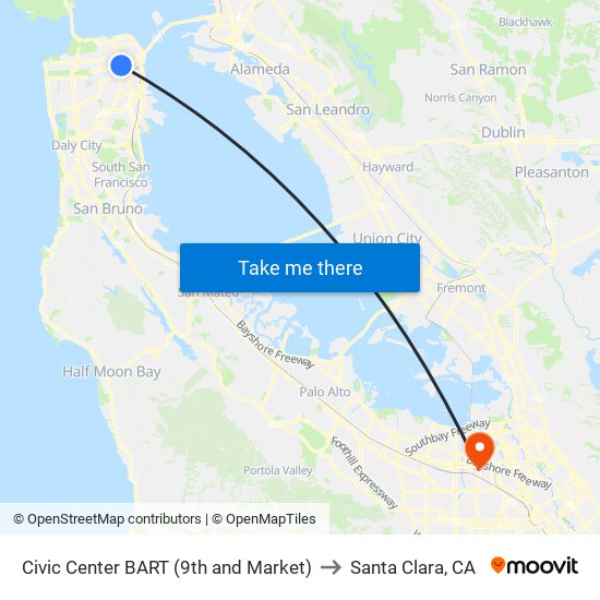 Civic Center BART (9th and Market) to Santa Clara, CA map
