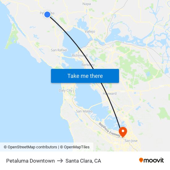 Petaluma Downtown to Santa Clara, CA map