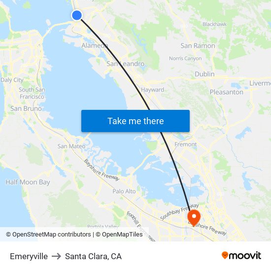 Emeryville to Santa Clara, CA map