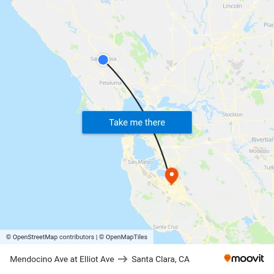 Mendocino Ave at Elliot Ave to Santa Clara, CA map