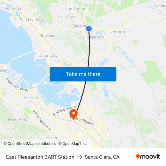 East Pleasanton BART Station to Santa Clara, CA map