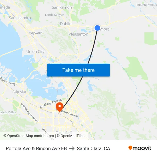 Portola Ave & Rincon Ave EB to Santa Clara, CA map
