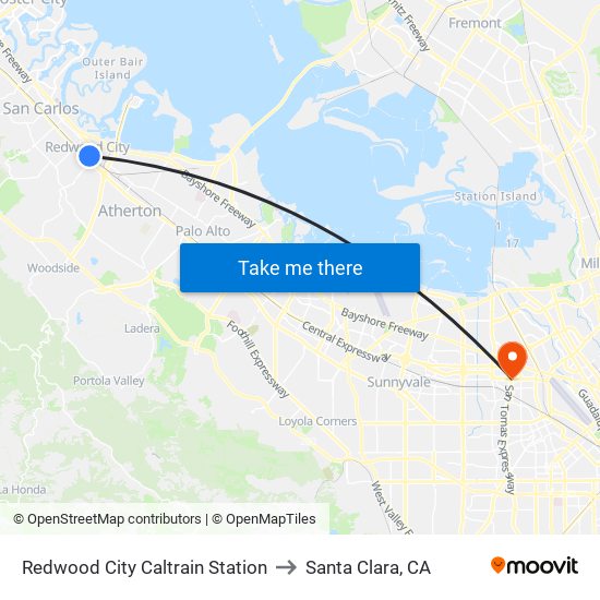 Redwood City Caltrain Station to Santa Clara, CA map