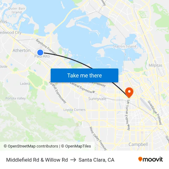 Middlefield Rd & Willow Rd to Santa Clara, CA map