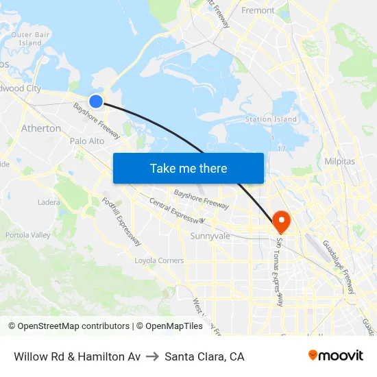 Willow Rd & Hamilton Av to Santa Clara, CA map