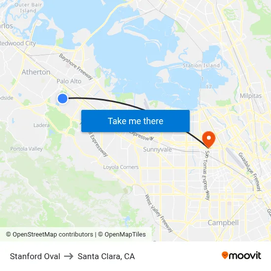 Stanford Oval to Santa Clara, CA map
