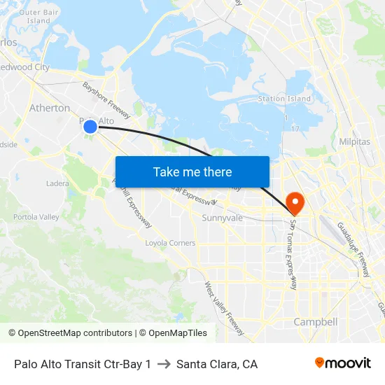 Palo Alto Transit Ctr-Bay 1 to Santa Clara, CA map