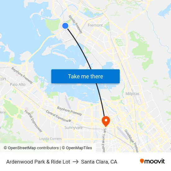 Ardenwood Park & Ride Lot to Santa Clara, CA map