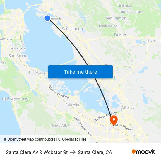 Santa Clara Av & Webster St to Santa Clara, CA map