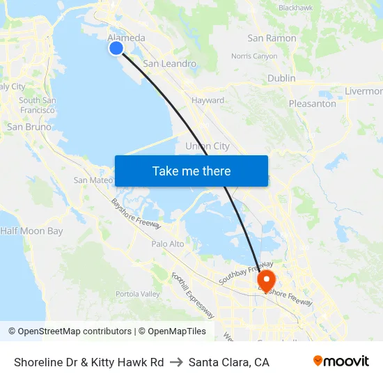 Shoreline Dr & Kitty Hawk Rd to Santa Clara, CA map