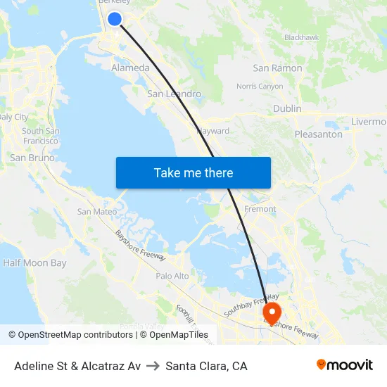Adeline St & Alcatraz Av to Santa Clara, CA map